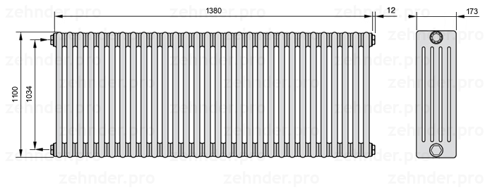 Схема (чертеж) Радиатор Zehnder Charleston 5110/30 №1270 Белый глянцевый RAL 9016